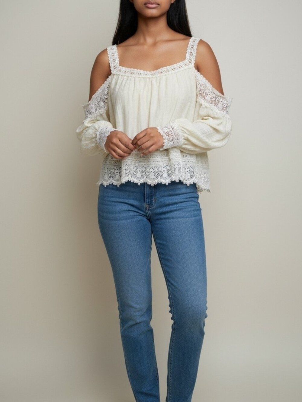 Women's Cream Colored Romantic Open Shoulder Blouse w. Lace Trim Size Small
